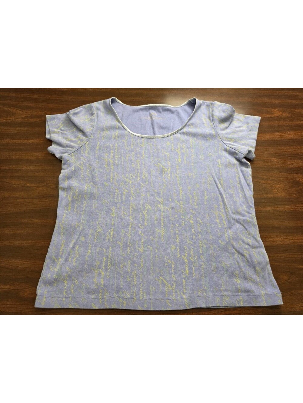 J Jill Compression Tee Medium Lavender Yellow Script Print Short Sleeve Boho Top